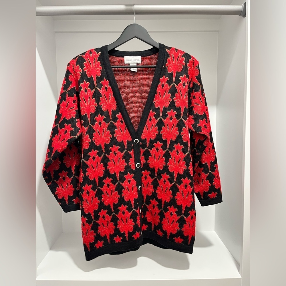 Vintage Casual Corner Black Red floral Patterned Cardigan wool blend S oversized